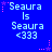 Blue background with repeated text "Seaura Is Seaura <333" in light blue pixelated font, surrounded by pink and purple star-shaped sparkles.