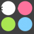circular icons in pink, white, green, and light blue with scattered text fragments on a dark background