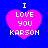Four identical pixelated pink hearts on blue background with white text "I LOVE YOU KARSON" inside each heart.