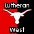 Pixelated red and black background with white longhorn silhouette; text 'Lutheran' top-left, 'West' bottom-left in blocky font.
