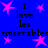 Blue background with pink star shapes and repeated black text reading "I love les miserables" in a pattern