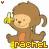 Brown monkey with orange belly holding banana, smiling face, sitting pose; yellow text 'rachel' below each figure on white background.