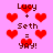 Pixelated pink background with red hearts and text reading "Lucy + Seth = yay!" in brown font, repeated across the image.