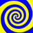 Four blue and yellow spiral patterns arranged in a on a yellow background, each spiral rotating clockwise with alternating blue and yellow bands