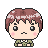 Pixel art character with brown hair and pink cheeks in six variations showing different expressions, hand positions, and accessories.
