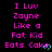 Pixelated text in bright pink and cyan on black background, repeating 'I Luv Zayne Like a Fat Kid Eats Cake' with cyan heart symbols, arranged in a pattern