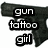 Black and white pixelated image of a handgun with three stacked text blocks reading 'gun', 'tattoo', and 'girl' in bold, blocky font.