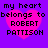 Four identical pixelated heart icons with text 'my heart belongs to ROBERT PATTISON' on a purple background.