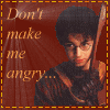 repeated images showing a person with dark hair and glasses holding a wooden stick, set against a red background with text reading "Don't make me angry..." in gold lettering