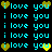 Pixelated cyan text "i love you" repeated across a black background with yellow and brown heart symbols replacing the letter "i" in some instances.