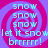 Pixelated text and spiral background in cyan, magenta, and purple with repeated 'snow' and 'let it snow brrrrr!' phrases.
