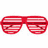 Six pairs of shutter shades in red, peach, blue, pink, green, and purple arranged horizontally on a white background.