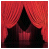 Red curtain backdrop with a dark silhouette, displaying changing text phrases in pixelated font.