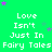 Green background with repeated white text 'Love Isn't Just In Fairy Tales' and scattered purple stars.
