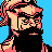 Pixelated 48x48 static buddy icon depicting a stylized character with black hair, red accents, and a blue background.