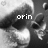 Pixelated grayscale image of a character with large eyes and dark hair, displaying text that changes from 'orin' to '<3'.