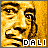Pixelated golden-toned portrait of a man with a mustache and goatee, text "DALI" below, in a of six with one empty space