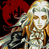 Pixel art of a pale figure with long blonde hair, wearing ornate armor and chains, set against a red moonlit background.