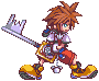 Pixel art character Sora from Kingdom Hearts holding a silver keyblade, standing in walking pose with brown spiky hair and red shorts.