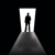 Pixelated silhouette of a standing figure in a doorway with a gradient path leading to it against a black background.