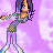Pixelated character with long dark hair and blue eyes in a checkered top, standing against a purple moon background with partial text fragments.
