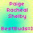 Pixelated text displays 'Paige Racheal Shelby' and 'BestBuds=]' on a gradient background with cyan, yellow, and light blue hues.