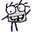 Nine cartoonish gray figures with large white eyes and purple limbs arranged in a , each displaying distinct poses against a solid light gray background