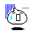 Pixelated character with rounded head and black shadow base, displaying four distinct states: blue vertical bars and cyan rectangle on left, two horizontal lines with Japanese text on top-right, Japanese text on bottom-left, red square with cross on bottom-right.