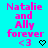 Cyan background with pink text 'Natalie and Ally forever <3' repeated in a , each instance paired with a black heart symbol that alternates between hollow and filled states