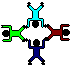 Pixelated figures in cyan, green, red, and blue form rotating circular patterns against a gray background.