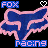 Pixelated blue fox head with pink outline, text 'FOX' above and 'racing' below on black background; heart symbols change from white to blue across frames.