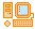 Pixel art of a computer setup with orange and peach outlines, including a monitor, keyboard, tower, and mouse on a gray background.