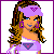 Pixel art contact sheet showing a female character's outfit details and name in purple-themed fashion doll design.