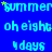 Blue background with repeated light blue text 'summer', 'oh eight', and '4days' in a pattern, interspersed with small yellow stars