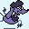 Pixel art contact sheet showing two frames of a purple cartoon dog with dark blue hair performing an animation sequence against a light blue background.