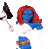 Pixelated figure with blue skin, red hair, white top, and blue pants holding a black object aloft against gray background.