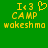 Green background with yellow pixelated text and symbols: 'I<3 CAMP wokesmo' on left, 'I<3 CAMP wokesmo' on right, with a heart symbol on the left side.