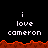 Pixelated text 'i love cameron' repeated across two with orange lava-like borders on black background, transitioning to partial display on gray background