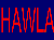 Two side-by-side show a blue background with red text and a basketball on black; the left 's text changes from HAWLA to BAWLA while the basketball remains static