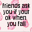 Pixelated text on a light background with pink floral shapes; black text reads 'friends ask you if your ok when you fall' and 'best friends pick you up and carry you home'.