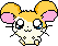 Pixel art hamster with orange ears and pink inner ears, white face and body, blue eyes, sitting on gray background showing five distinct facial expressions.