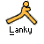 Pixelated yellow figure in a dynamic pose with arms and legs extended, positioned above the text 'Lanky' on a gray background.