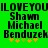 Green background with black text reading 'ILOVEYOU' repeated twice, followed by 'Shawn Michael Benduzek' and four orange plus signs with one green plus sign.