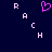 Pixelated text spelling 'RACH' on both sides of a pink heart symbol against dark blue background.