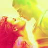 A static image shows two people in close proximity with a bright yellow-green color overlay, one with red hair looking up and the other leaning down, with 'step up' text visible at the bottom.