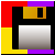 Static pixel art of a stylized floppy disk with colored borders and gradient-filled interior, featuring red, yellow, purple, black, and gold elements.
