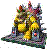 Pixelated icon with yellow central figure, dark green and brown accents, scattered multicolored pixels around edges.