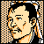 Pixelated static icon of a person's face with black hair, orange and beige skin tones, and checkered border pattern on left and right sides.