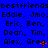 Blue background with repeated text showing 'bestfriends' and names like Eddie, Jmo, Eric, Ben, Dean, Tim, Alex, Greg in black pixelated font