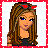 Pixelated cartoon woman with long brown hair and red bow, wearing black top against white background with red dotted border.